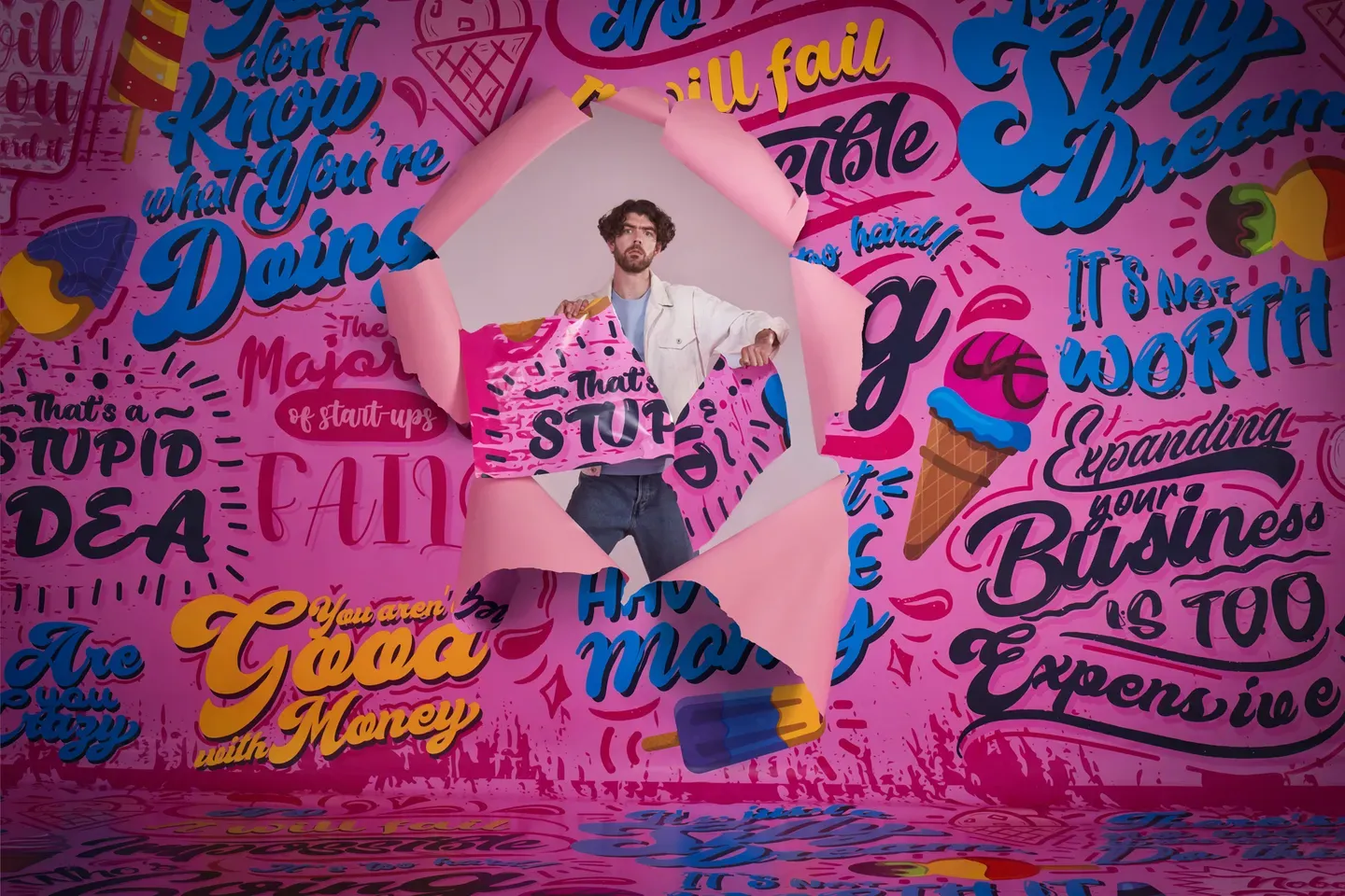Pink editorial collage with layered portrait photography