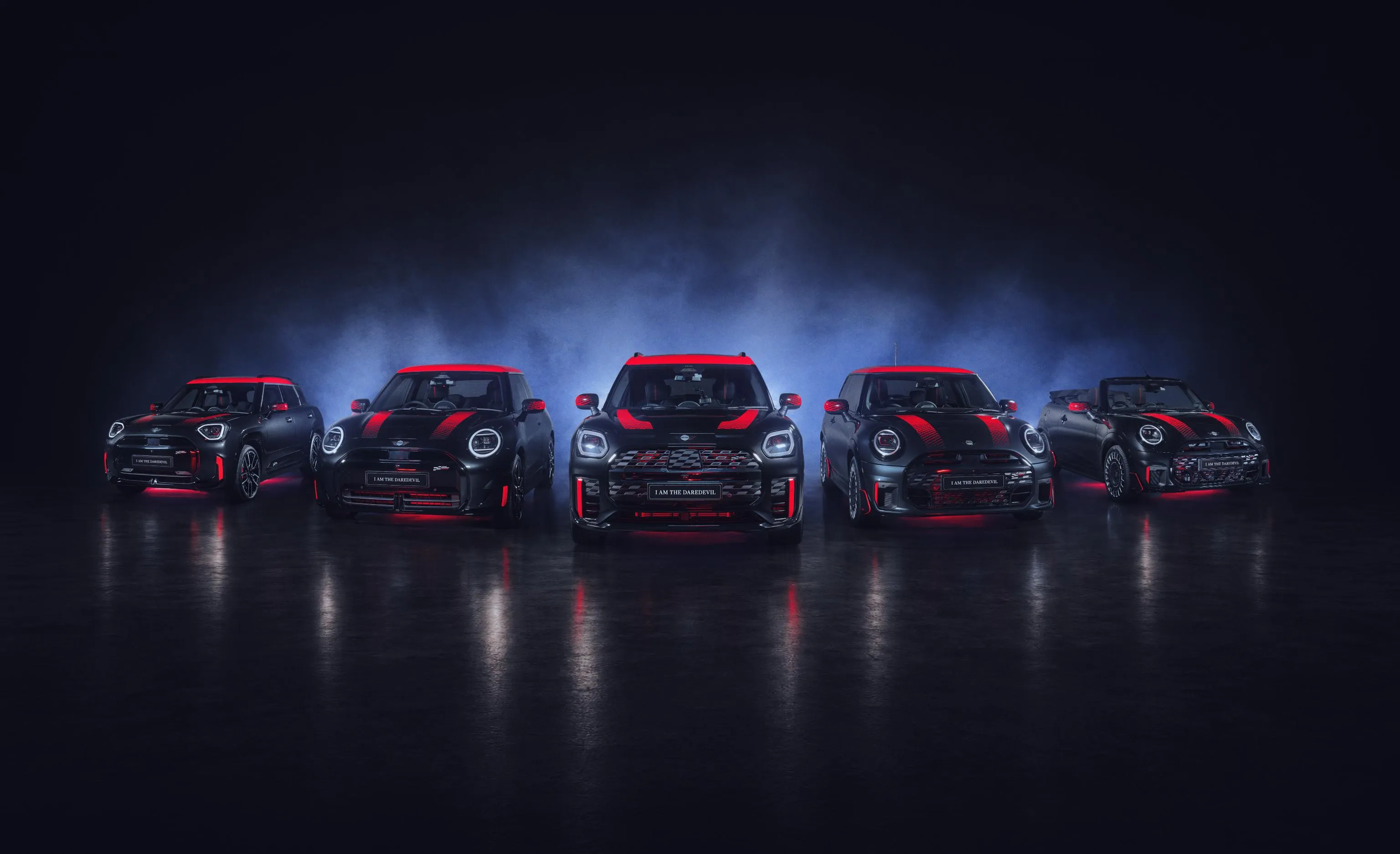 Lineup of red cars in a commercial campaign image